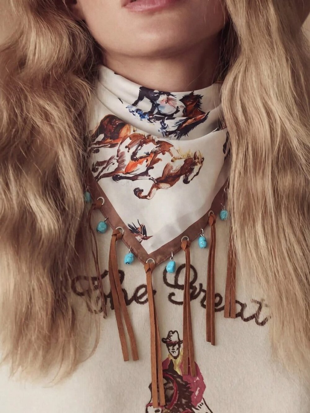 Western Cowgirl Horse Print Bandana Scarf Turquoise Fringe 18.9"